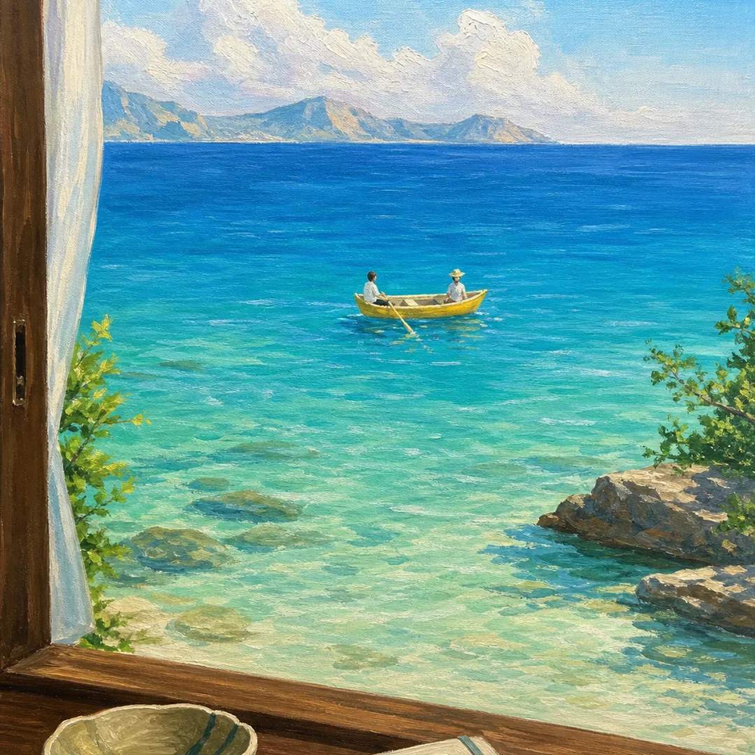 창가에 걸어둔 휴양지 — 화풍 예시